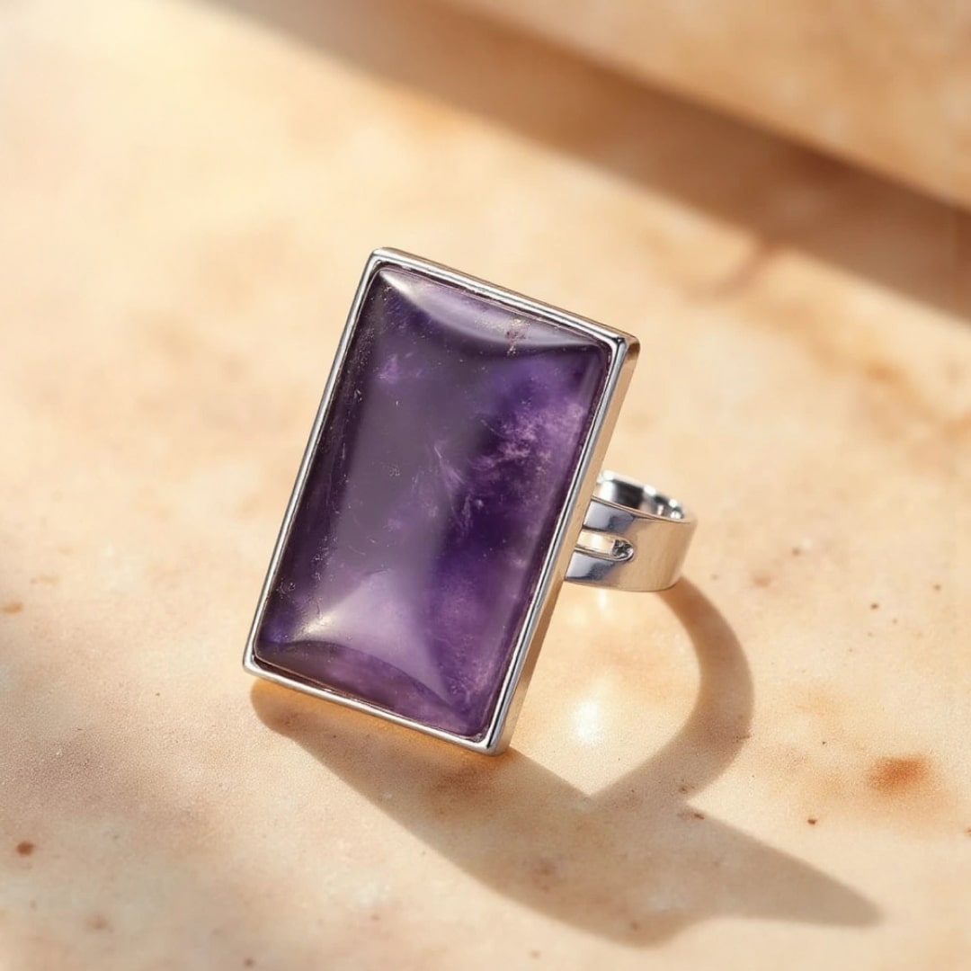 Bague Rectangle Ajustable en Pierre Naturelle - Améthyste - L'Arbre des Chakras