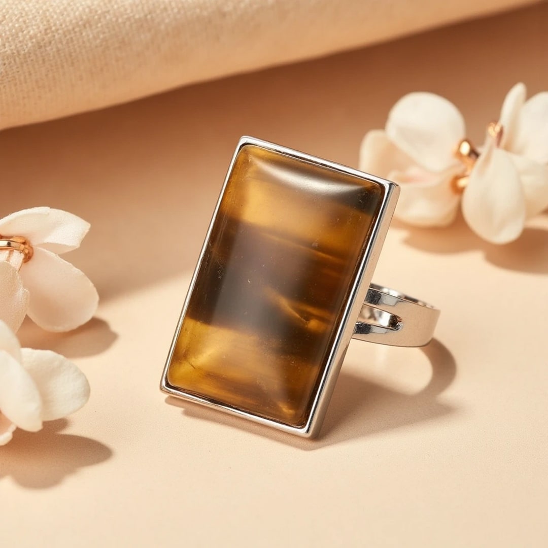 Bague Rectangle Ajustable en Pierre Naturelle - Oeil de Tigre - L'Arbre des Chakras